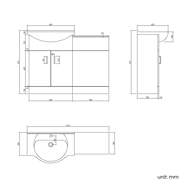 Quartz Gloss White Basin Vanity and Back To Wall Toilet Unit 1150mm - Excludes Toilet