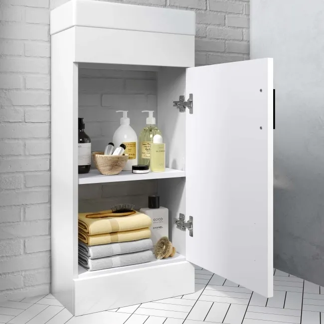 Quartz Gloss White Cloakroom Floor Standing Basin Vanity 400mm - Black Accents