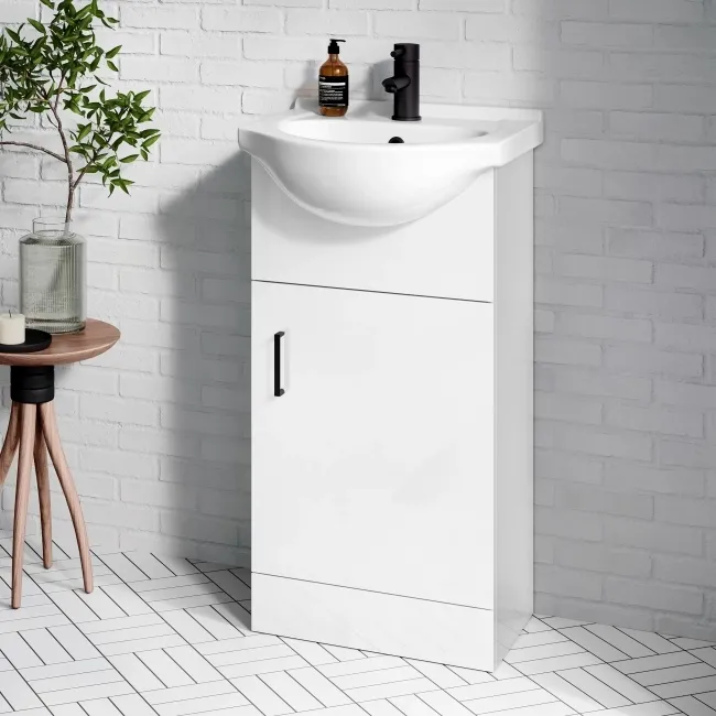 Quartz Gloss White Cloakroom Vanity with Semi Recessed Basin 450mm - Black Accents