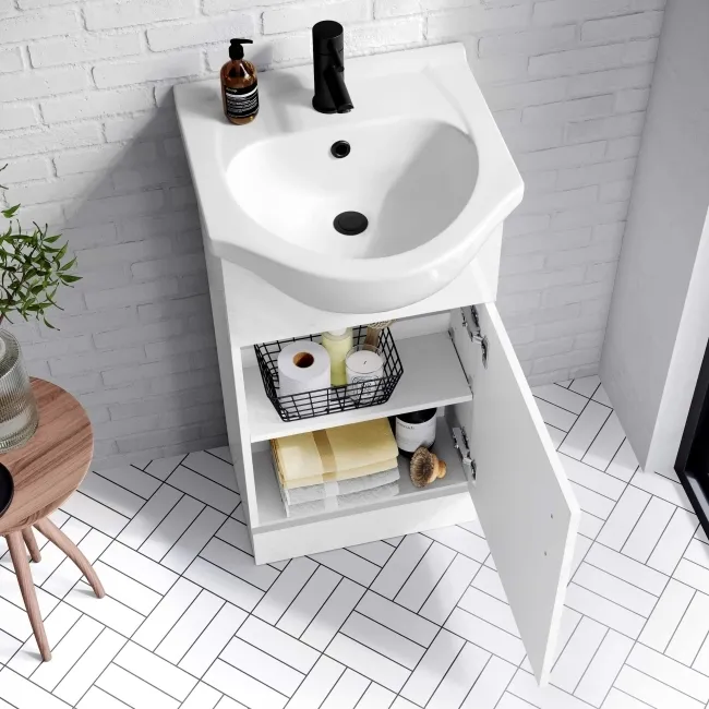 Quartz Gloss White Cloakroom Vanity with Semi Recessed Basin 450mm - Black Accents