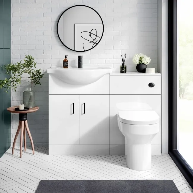 Quartz Gloss White Combination Vanity Basin and Denver Toilet 1150mm - Black Accents