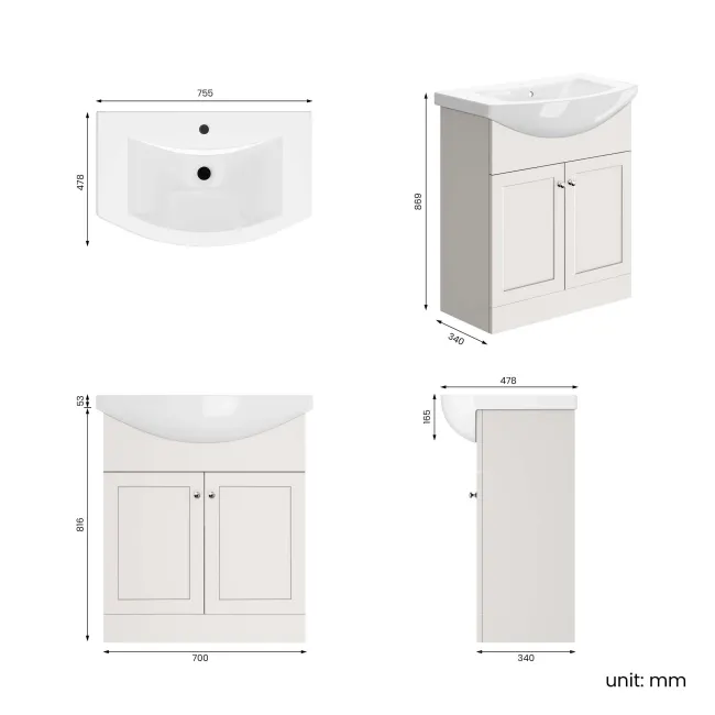 Capri Cotton White Vanity with Semi Recessed Basin 750mm - Chrome Handles