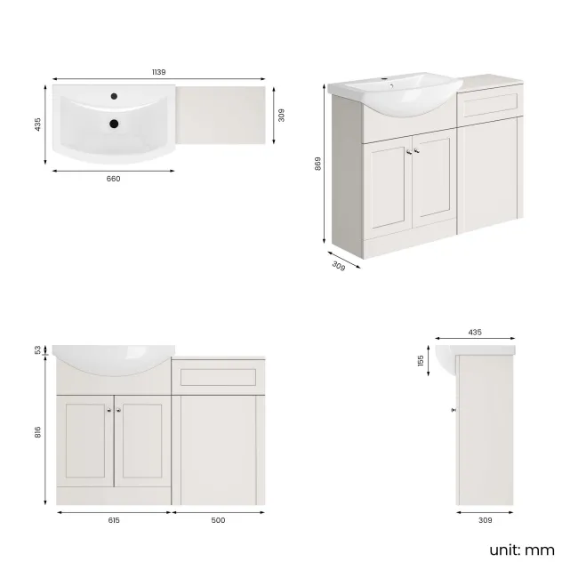 Capri Cotton White Basin Vanity and Back To Wall Unit 1150mm (Excludes Toilet) - Chrome Handles