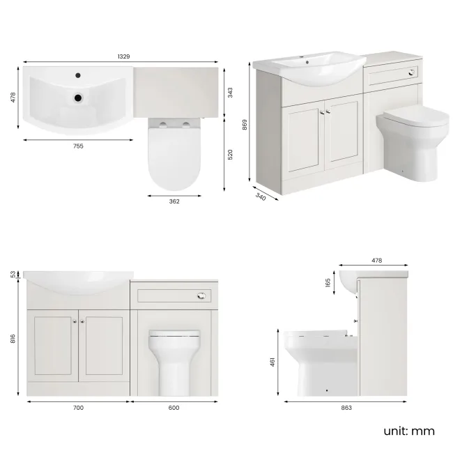 Capri Cotton White Combination Vanity Basin and Denver Toilet 1350mm - Chrome Handles
