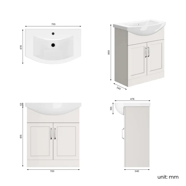 Capri Cotton White Vanity with Semi Recessed Basin 750mm - Traditional Handles