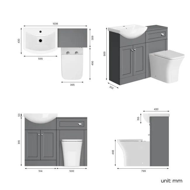 Capri Fog Grey Combination Vanity Basin and Houston Toilet 1050mm - Chrome Handles