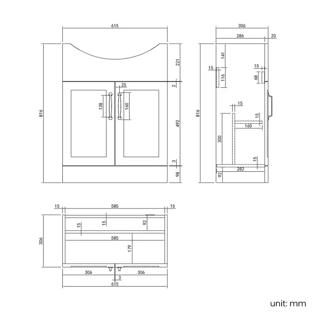 Capri Fog Grey Vanity with Semi Recessed Basin 650mm - Traditional Handles