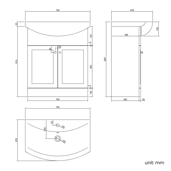 Capri Slate Grey Vanity with Semi Recessed Basin 750mm - Chrome Handles