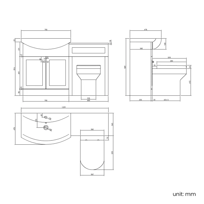 Capri Slate Grey Combination Vanity Basin and Houston Toilet 1350mm - Chrome Handles