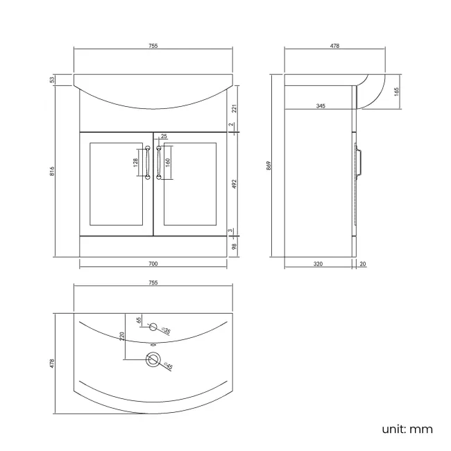 Capri Slate Grey Vanity with Semi Recessed Basin 750mm - Traditional Handles