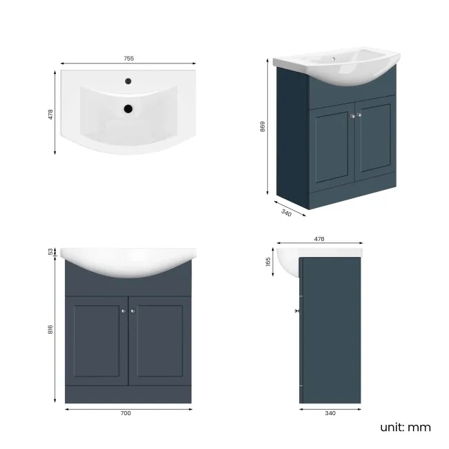 Capri Navy Blue Vanity with Semi Recessed Basin 750mm - Brushed Handles