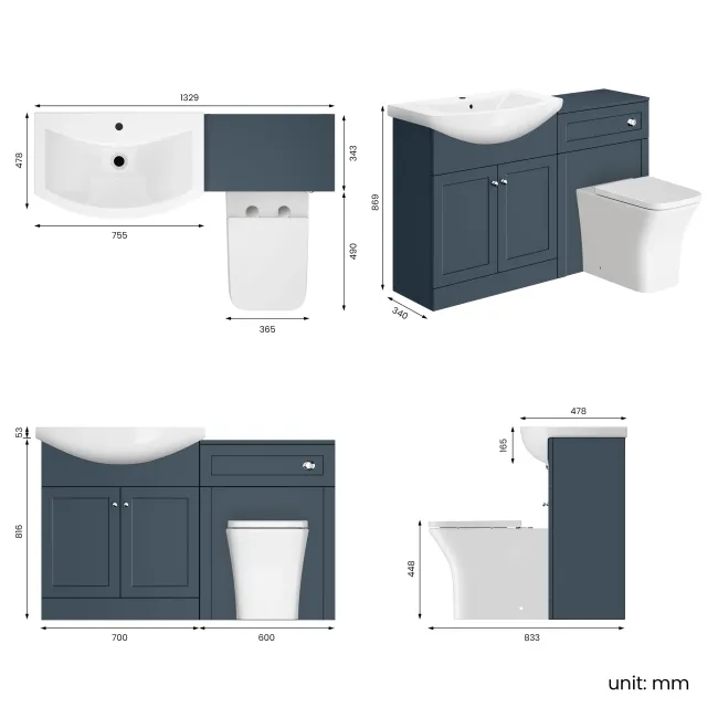 Capri Navy Blue Combination Vanity Basin and Houston Toilet 1350mm - Chrome Handles