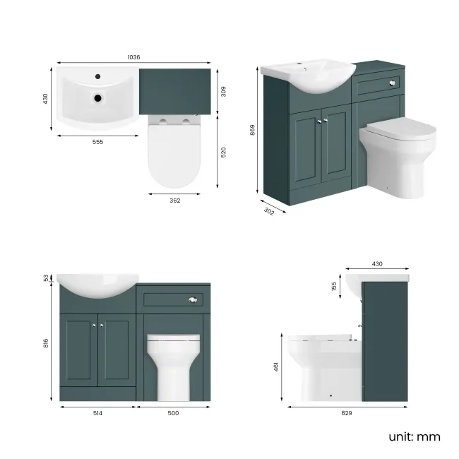 Capri Mystic Green Combination Vanity Basin and Denver Toilet 1050mm - Chrome Handles