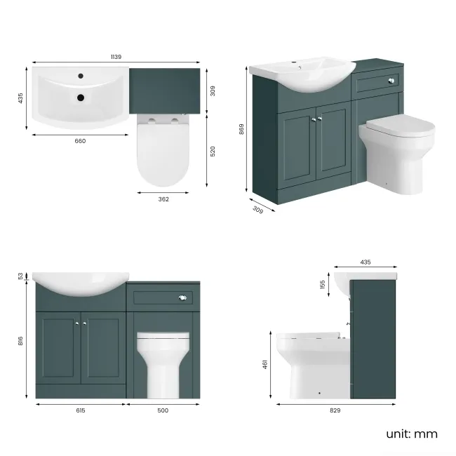 Capri Mystic Green Combination Vanity Basin and Denver Toilet 1150mm - Chrome Handles
