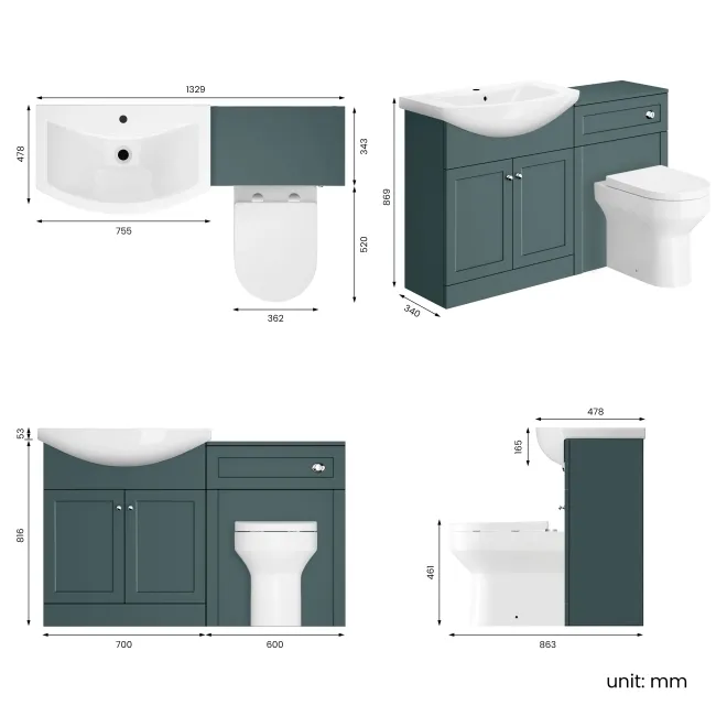 Capri Mystic Green Combination Vanity Basin and Denver Toilet 1350mm - Chrome Handles