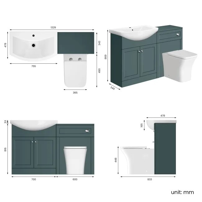 Capri Mystic Green Combination Vanity Basin and Houston Toilet 1350mm - Chrome Handles