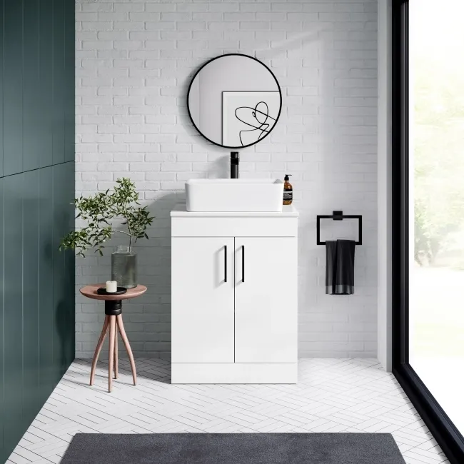 Mersey Gloss White Vanity with Troy Basin 600mm - Black Accents