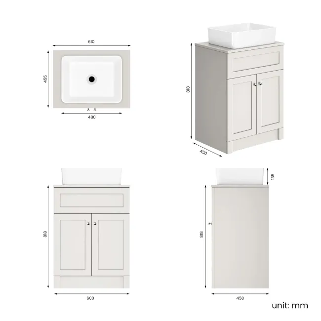 Milos Cotton White Vanity with Troy Basin 600mm - Brushed Handles