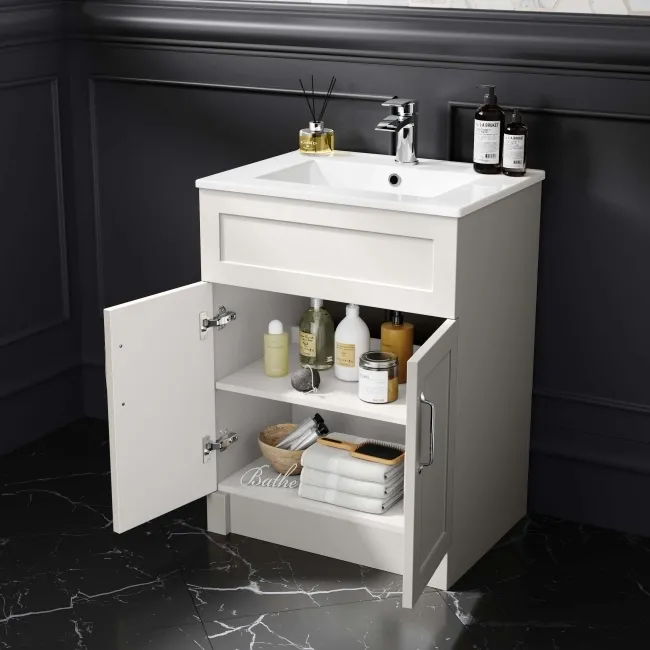 Milos Cotton White Basin Vanity 600mm - Traditional Handles