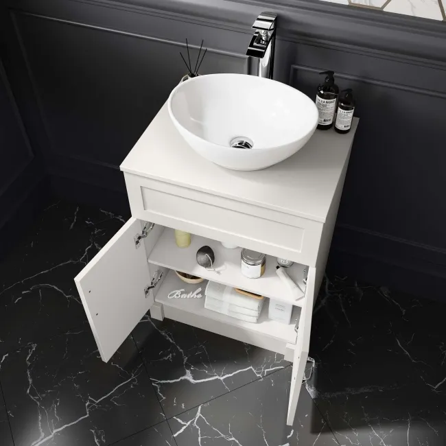 Milos Cotton White Vanity with Oval Basin 600mm - Traditional Handles