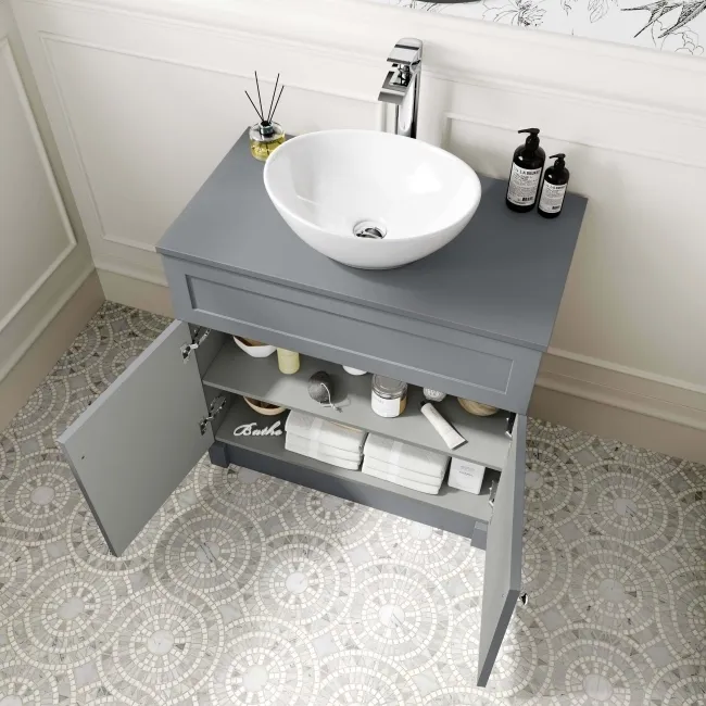 Milos Fog Grey Vanity with Oval Basin 800mm - Chrome Handles