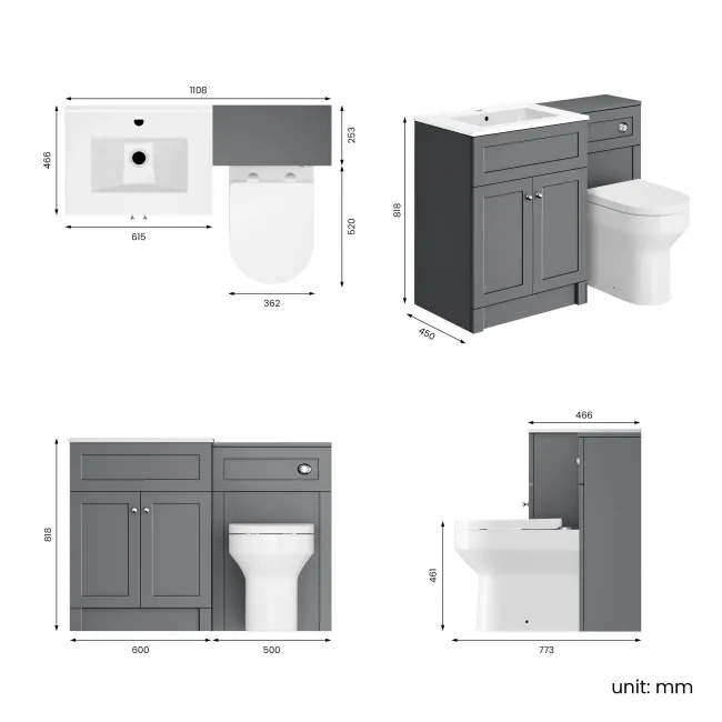 Milos Fog Grey Combination Vanity Basin and Denver Toilet 1100mm - Chrome Handles