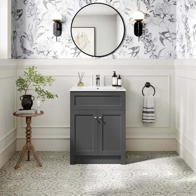 Milos Slate Grey Basin Vanity 600mm - Brushed Handles