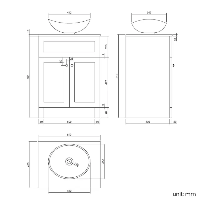 Milos Slate Grey Vanity with Oval Basin 600mm - Brushed Handles