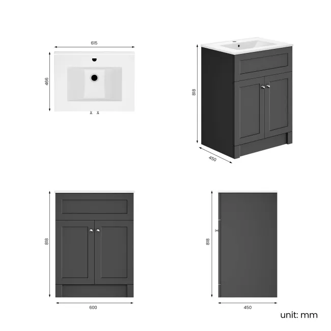 Milos Slate Grey Basin Vanity 600mm - Chrome Handles