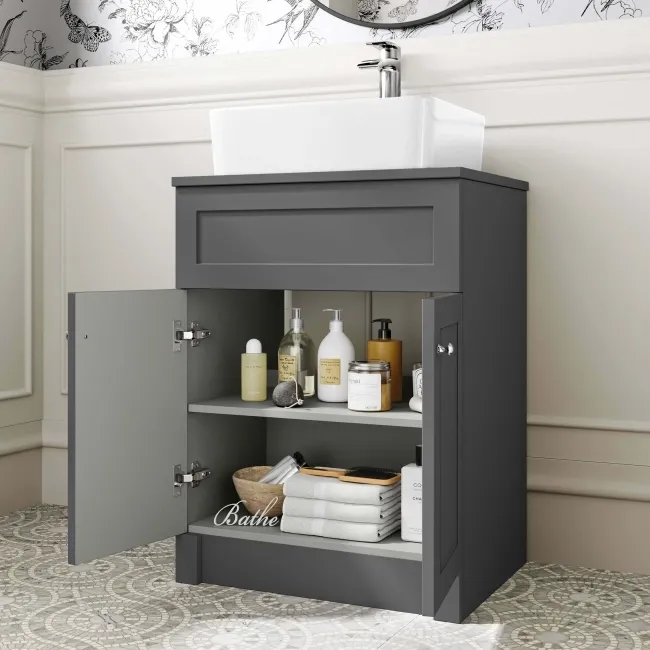 Milos Slate Grey Vanity with Troy Basin 600mm - Chrome Handles