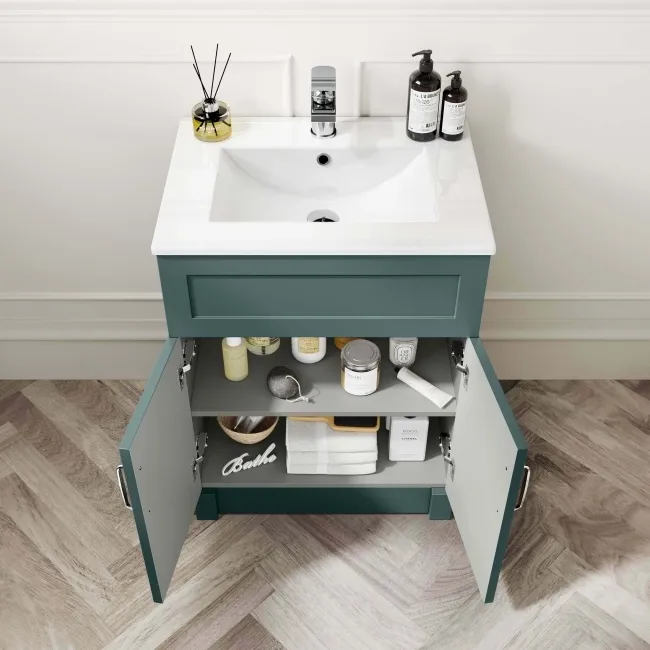 Milos Mystic Green Basin Vanity 600mm - Traditional Handles