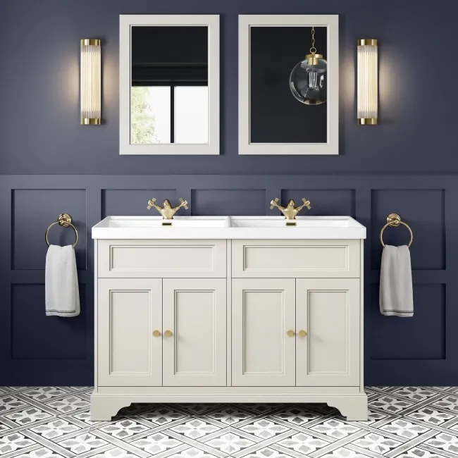 Lucia Chalk White Double Basin Vanity 1200mm - Brushed Brass Accents