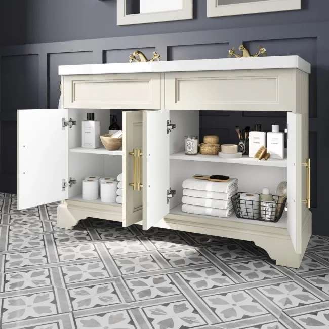 Lucia Chalk White Double Basin Vanity 1200mm - Brass Knurled Handles