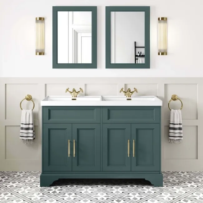 Lucia Midnight Green Double Basin Vanity 1200mm - Brass Knurled Handles