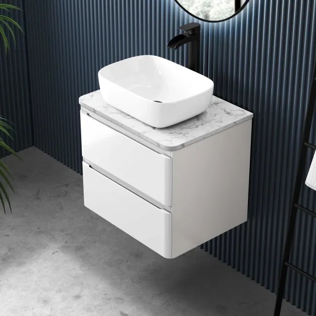 Corsica Gloss White Wall Hung Drawer Vanity with Marble Top & Curved Counter Top Basin 600mm