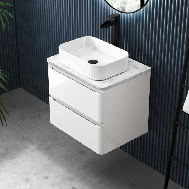 Corsica Gloss White Wall Hung Drawer Vanity with Marble Top & Marin Basin 600mm