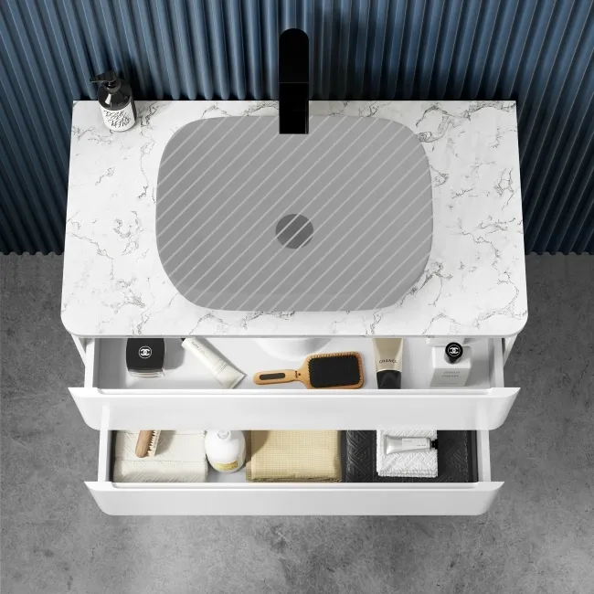 Corsica Gloss White Wall Hung Drawer Vanity with Marble Top 800mm - Excludes Counter Top Basin