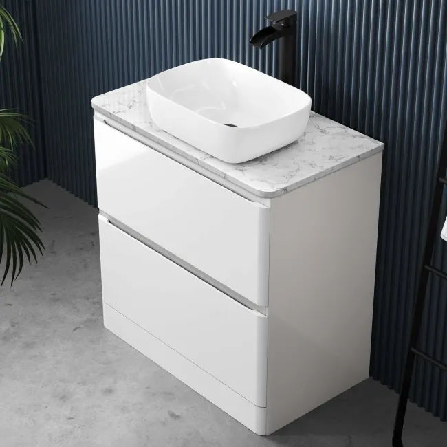 Corsica Gloss White Vanity Drawer with Marble Top & Curved Counter Top Basin 800mm
