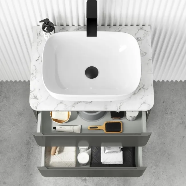 Corsica Tungsten Grey Wall Hung Drawer Vanity with Marble Top & Curved Counter Top Basin 600mm
