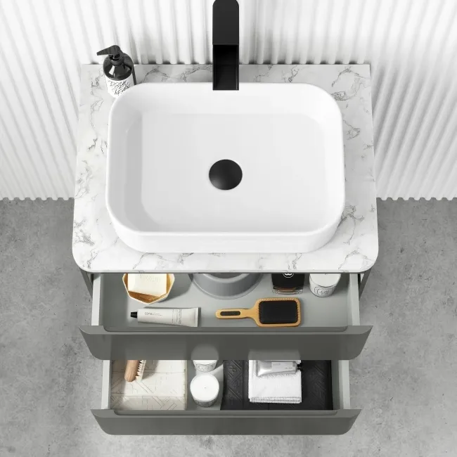 Corsica Tungsten Grey Wall Hung Drawer Vanity with Marble Top & Marin Basin 600mm