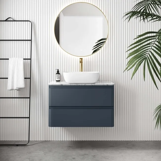 Corsica Inky Blue Wall Hung Drawer Vanity with Marble Top & Curved Counter Top Basin 800mm