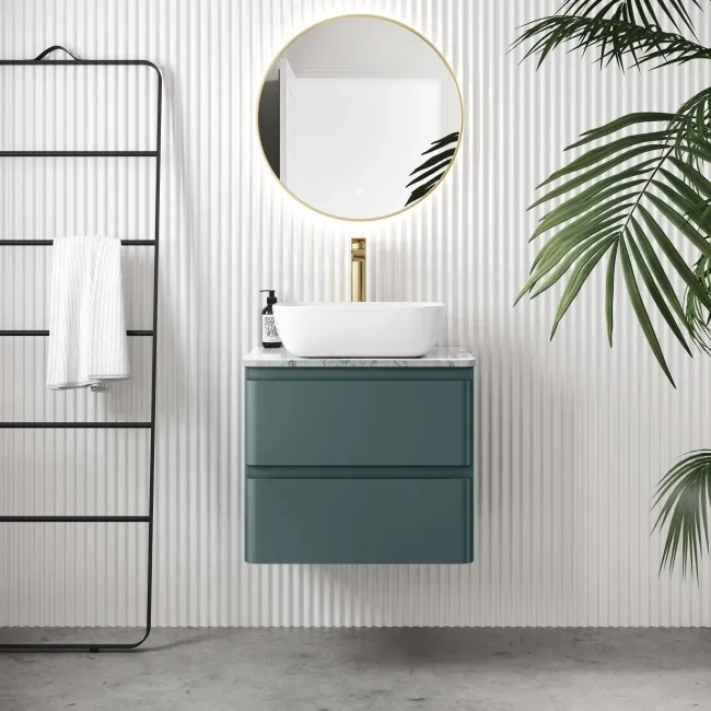 Corsica Midnight Green Wall Hung Drawer Vanity with Marble Top & Curved Counter Top Basin 600mm