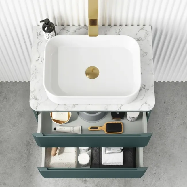 Corsica Midnight Green Wall Hung Drawer Vanity with Marble Top & Marin Basin 600mm