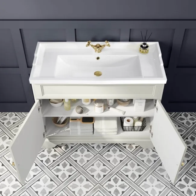 Lucia Chalk White Basin Vanity 1030mm - Brushed Brass Accents