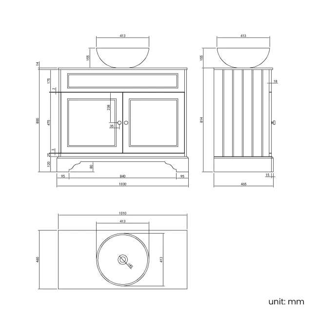 Lucia Chalk White Vanity with Marble Top & Round Counter Top Basin 1030mm - Brushed Brass Accents