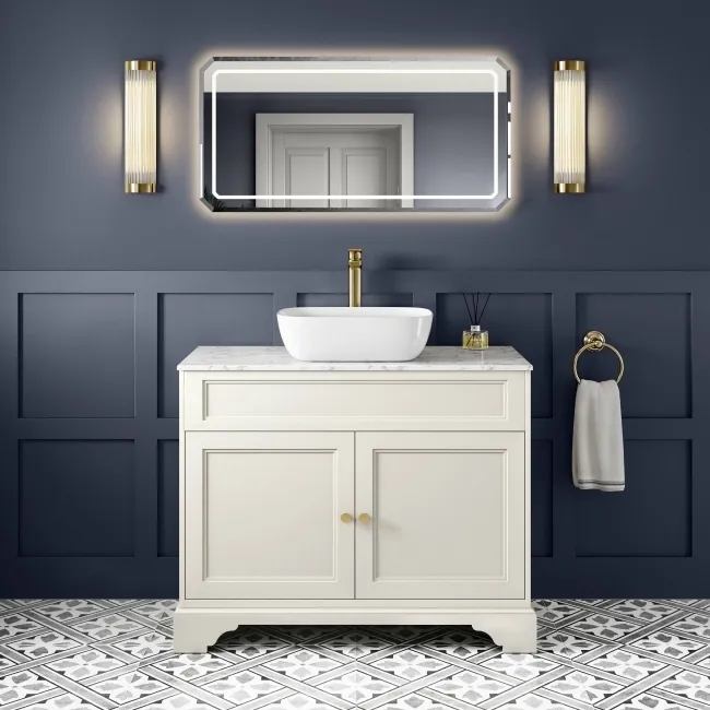Lucia Chalk White Vanity with Marble Top & Curved Counter Top Basin 1030mm - Brushed Brass Accents