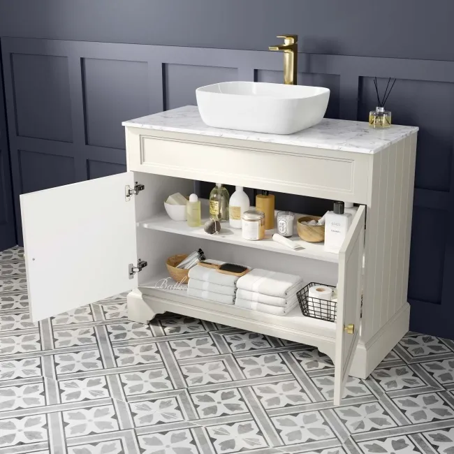 Lucia Chalk White Vanity with Marble Top & Curved Counter Top Basin 1030mm - Brushed Brass Accents