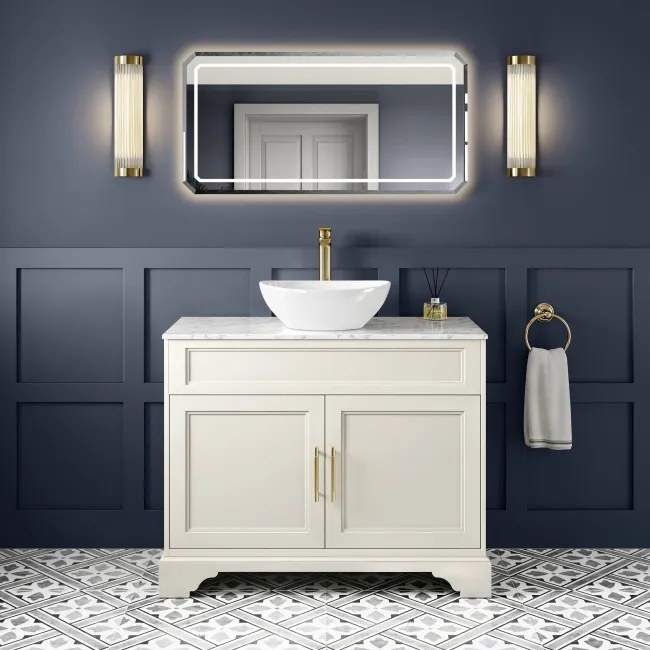 Lucia Chalk White Vanity with Marble Top & Oval Counter Top Basin 1030mm - Brass Knurled Handles