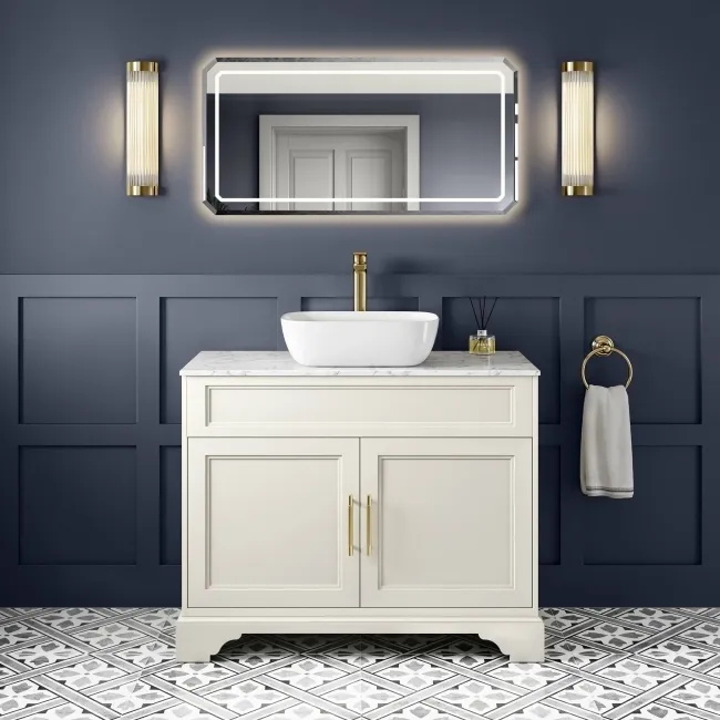 Lucia Chalk White Vanity with Marble Top & Curved Counter Top Basin 1030mm - Brass Knurled Handles