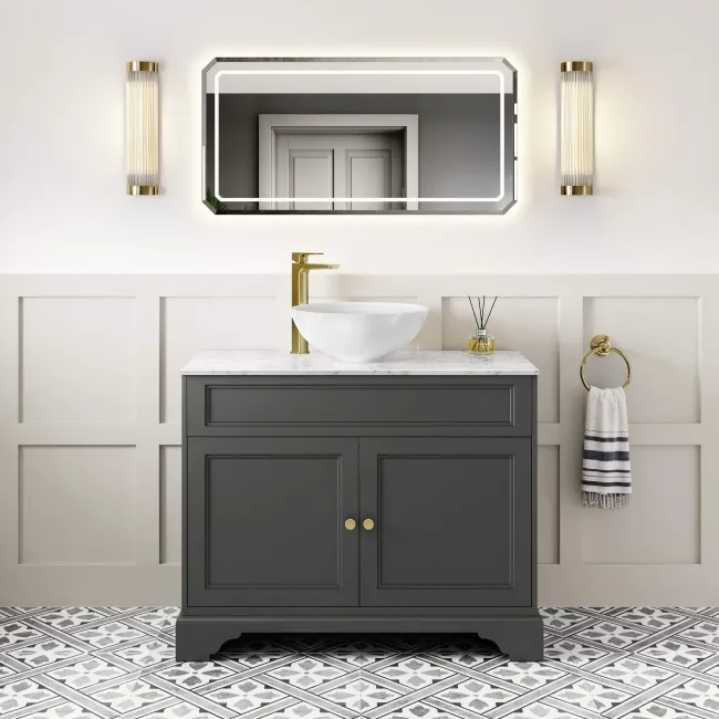 Lucia Graphite Grey Vanity with Marble Top & Round Counter Top Basin 1030mm - Brushed Brass Accents